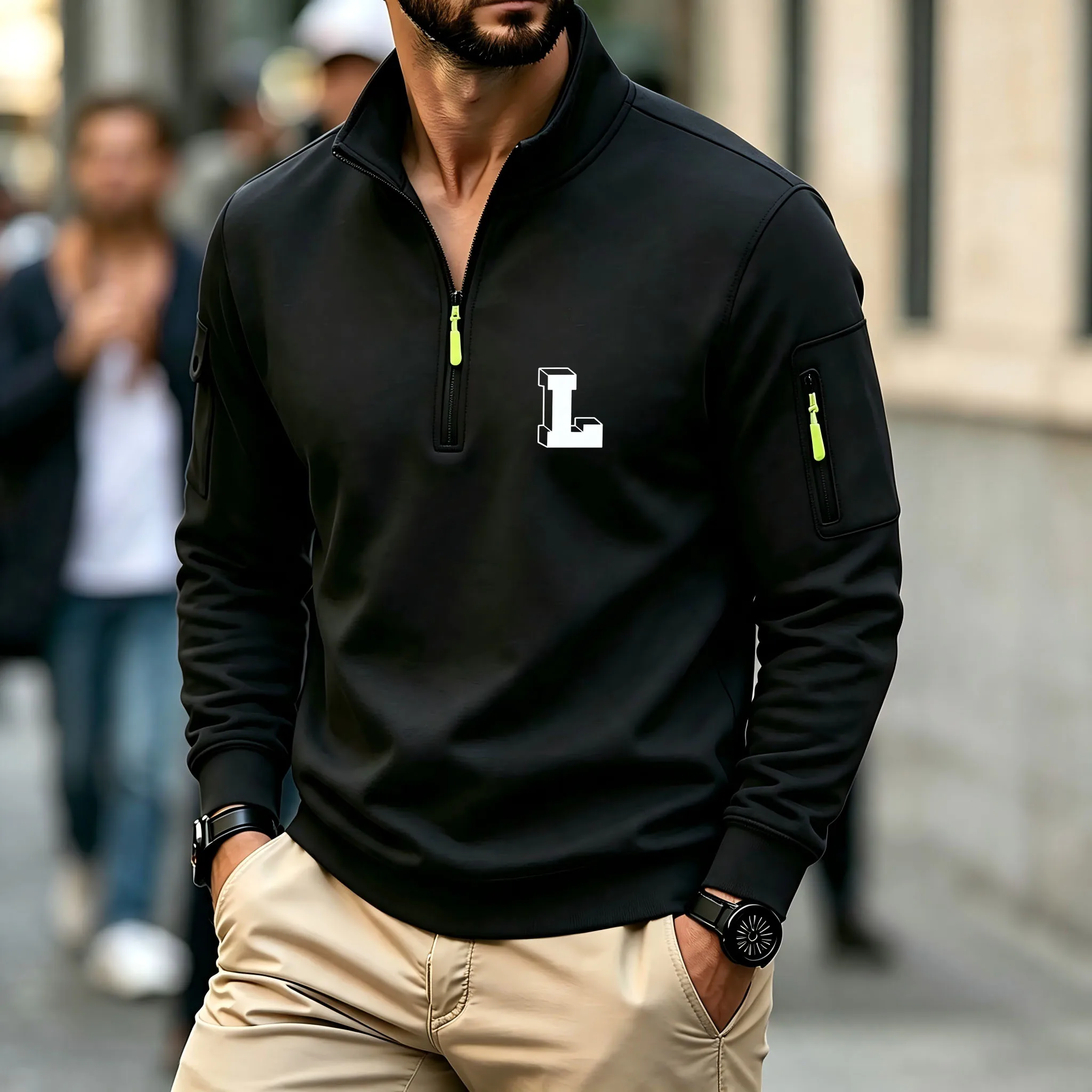 Men's Sweatshirt Autumn and Winter New Casual Sports Casual Long Sleeved High Neck Half Zipper Windproof Top
