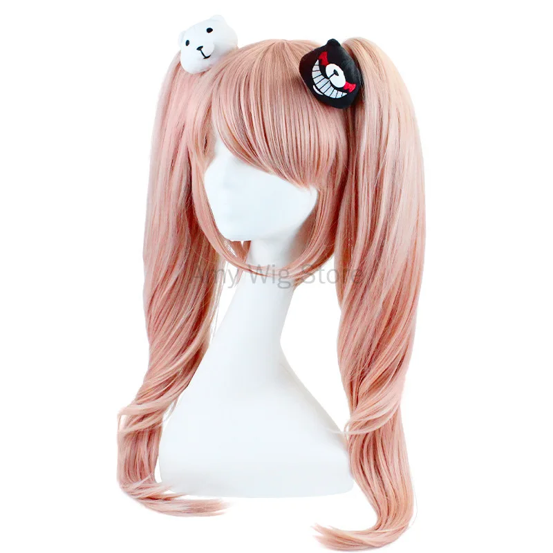 Peluca de Anime Danganronpa, Cosplay de Junko enosima, rosa, largo y ondulado con Clip de cola de caballo, horquillas de oso blanco y negro, regalo para niña