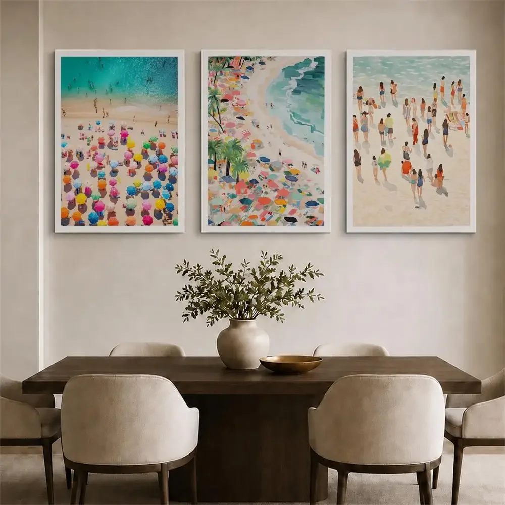 Summer Beach Aerial View Illustration Framed Wall Painting Ready to Hang Canvas Poster for Living Room Bedroom Home Decor Decals
