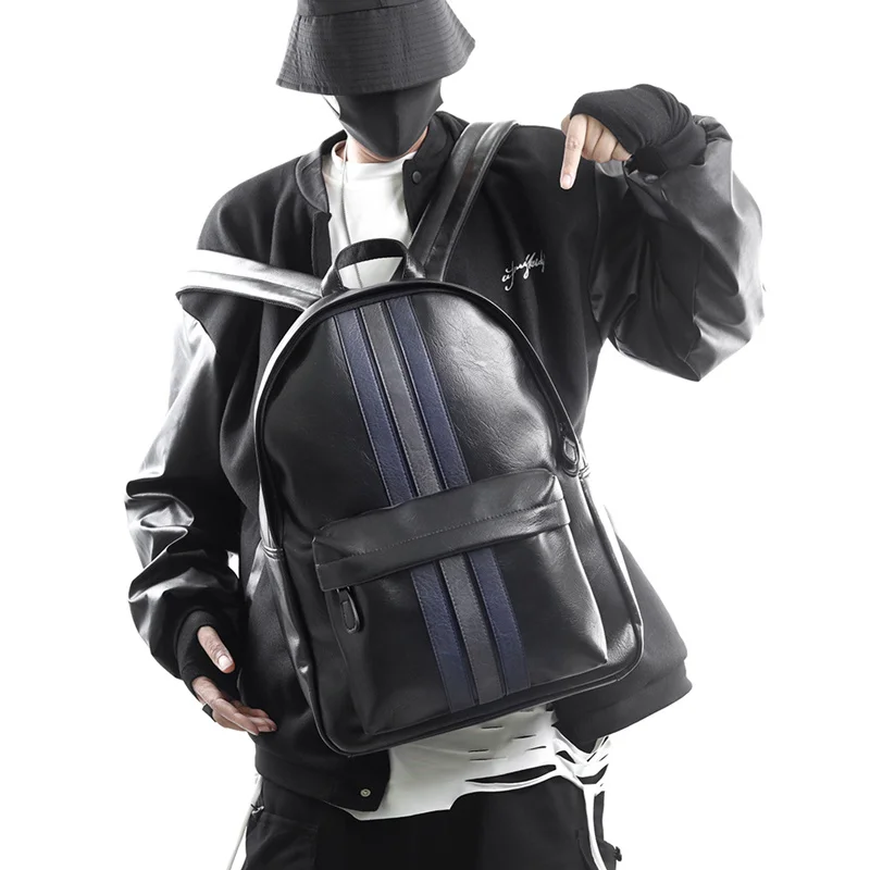 Fashion Striped Backpack Men High Quality PU Leather Men\'s Backpack Luxury Business Laptop Backpack Male Travel Sport Backpacks