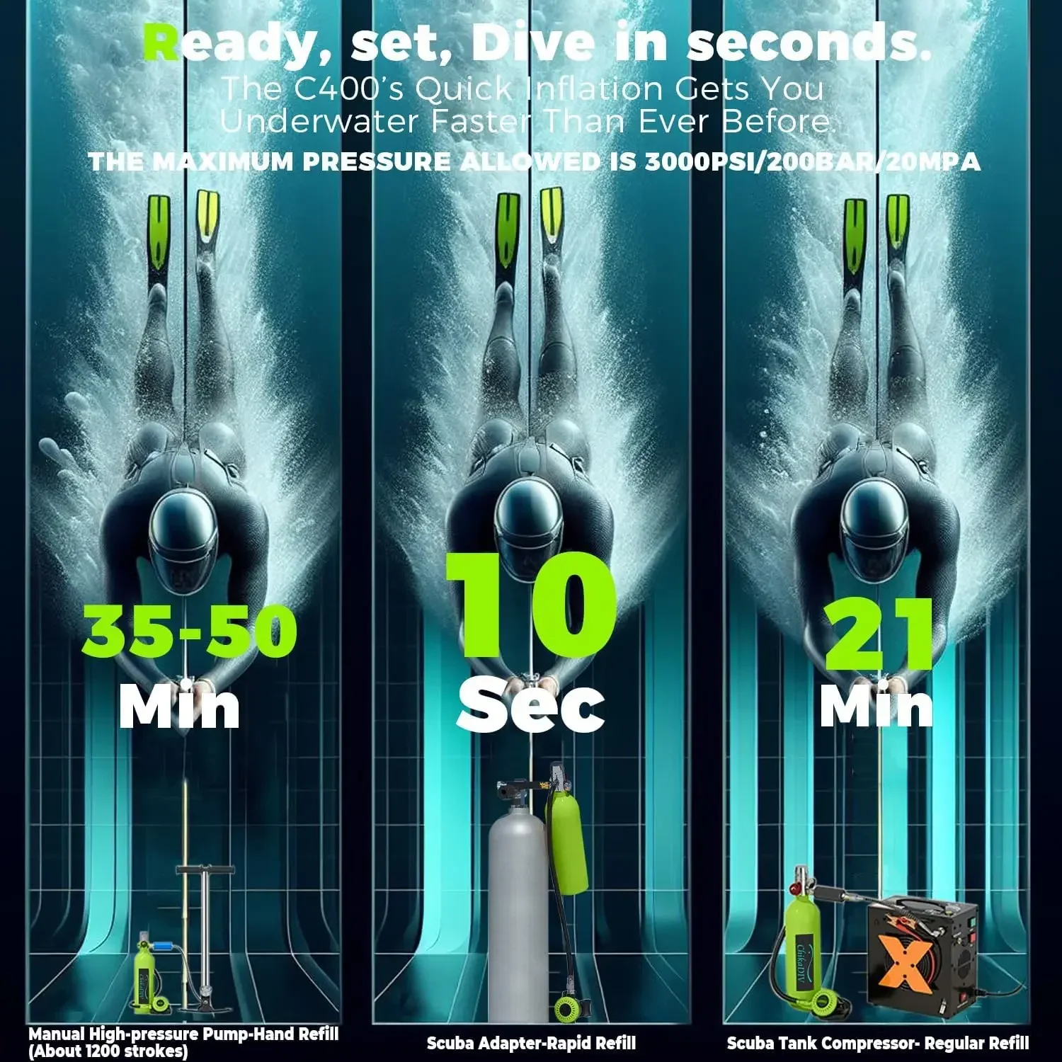 معدات خزان الغوص الصغيرة CHIKADIV C400، أسطوانة غوص صغيرة لمدة 15-20 دقيقة تحت الماء، طقم غوص للسفر في الهواء الطلق