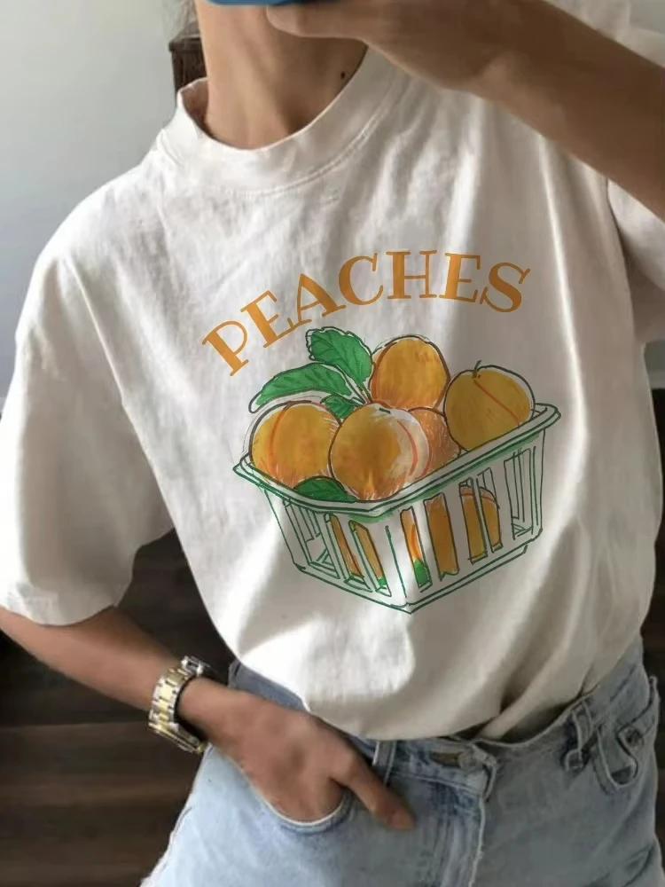 

Vintage Peaches Printed Graphic Women Cute Aesthetic T-Shirts Short Sleeve Retro Grunge Top Clothes Y2k Oversized Loose Clothes