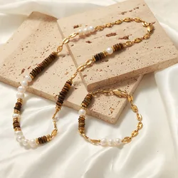Tijgeroog Steen Splice Zoetwaterparel Kralen Ketting Armband Roestvrij Stalen Halskettingen Kettingen Armbanden Voor Vrouwen