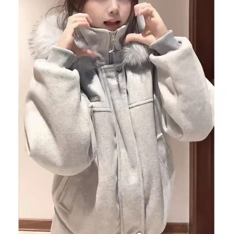 

American Style Woolen Patchwork Mountain Carving Coat Cotton Jacket for Men and Women Winter Thickfur Collar Cotton Cotton Coat