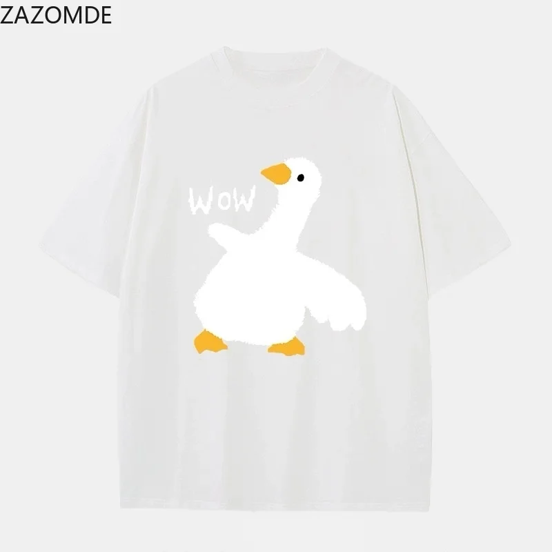 ZAZOMDE Minimal Cartoon White Goose Graphic T-shirt Wow Slogan Print O Neck Short Sleeve Oversized Loose Unisex Summer Tees