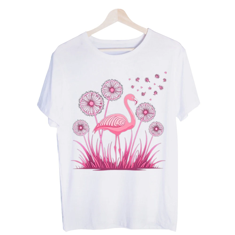 Women's Flamingo and Dandelion Graphic Tee, Short Sleeve Crew Neck T-Shirt for Casual Summer Outfits