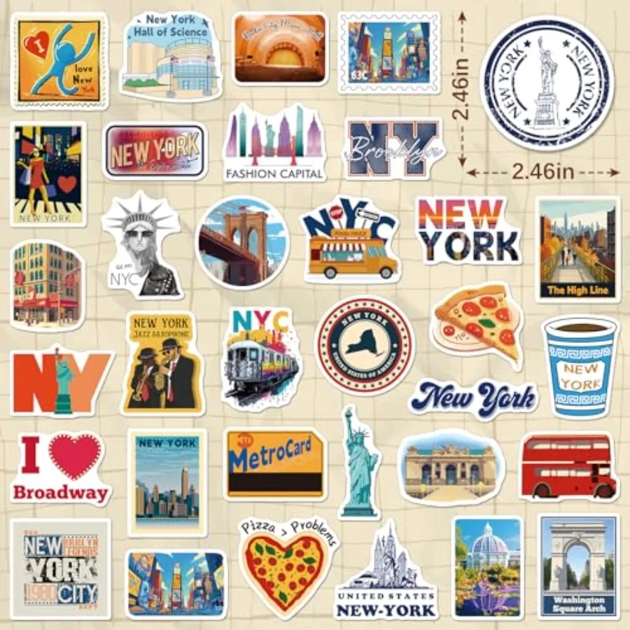 200PCS New York Stickers for Scrapbook Journal, Waterproof NYC Travel Vinyl Stickers for Luggage Water Bottle Laptop, New York