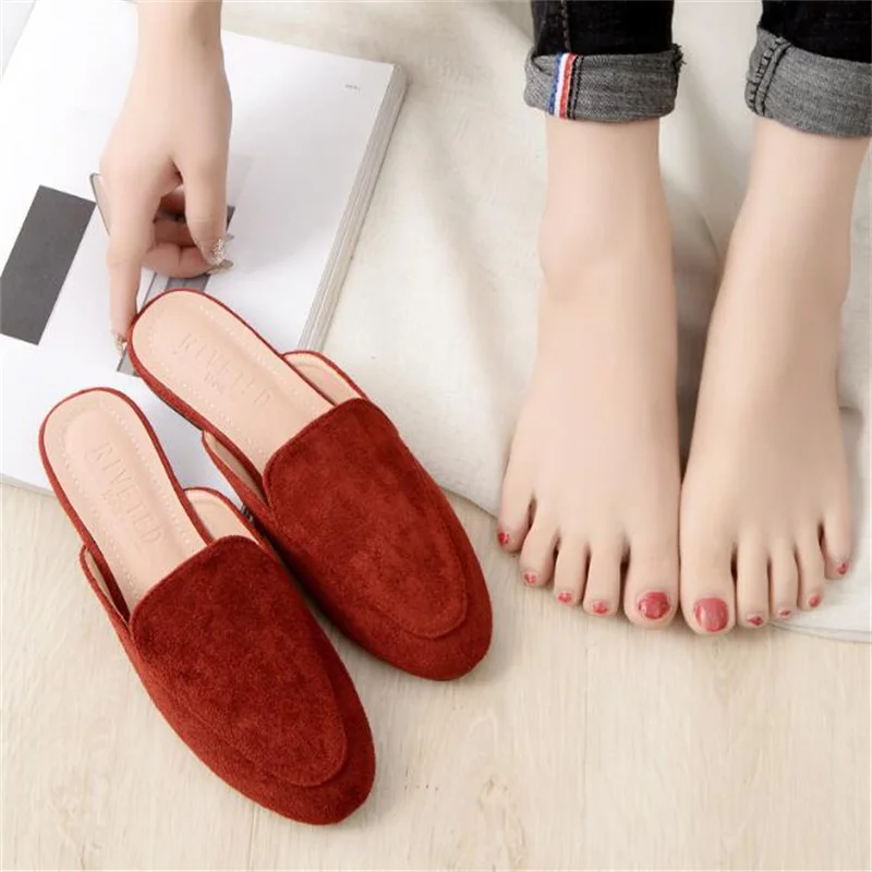 Women Mules Slipper High Quality Soft Suede Round Toe Slipper Slip On Outdoor Sandal Causal Flat Heel Slides