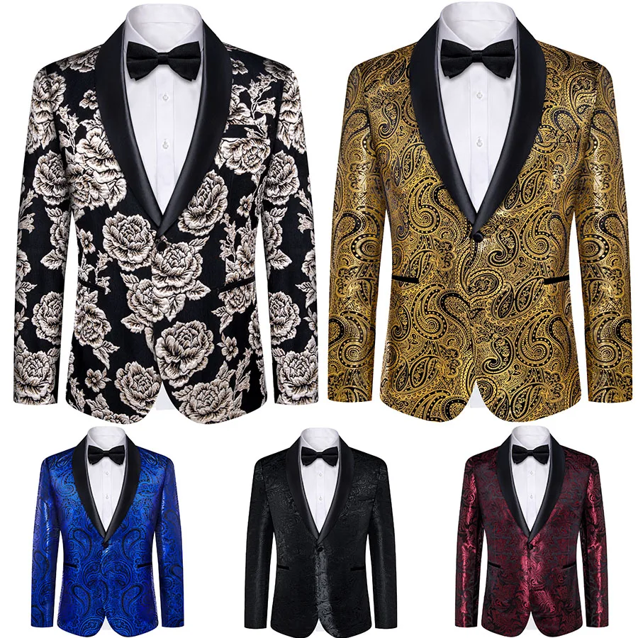 Luxury Floral Silk Polyester Jacquard Suit Blazers Coats Black Red Blue Business Banquet Slim Fit Jacket for Wedding Prom Party
