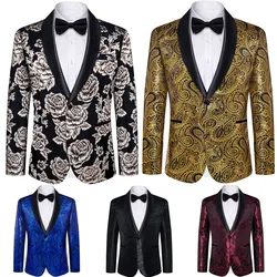 Luxury Floral Silk Polyester Jacquard Suit Blazers Coats Black Red Blue  Business Banquet Slim Fit Jacket for Wedding Prom Party