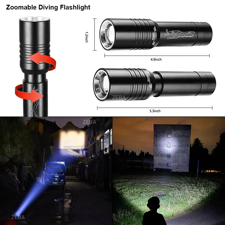 Diving Flashlight IP8 Highest Waterproof Telescopic Zoom Rating Professional Diving Light Powered 18650 Battery With Hand Rope