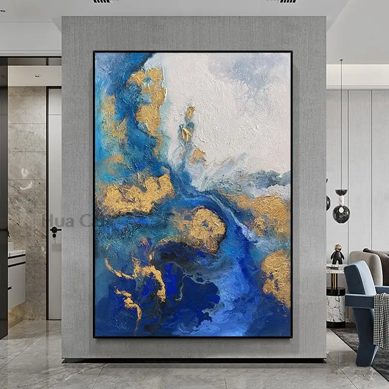 

Большая холщовая живопись, золото, современная абстрактная масляная живопись, 100% Настенная картина ручной работы для ресторана, домашний декор, без рамки