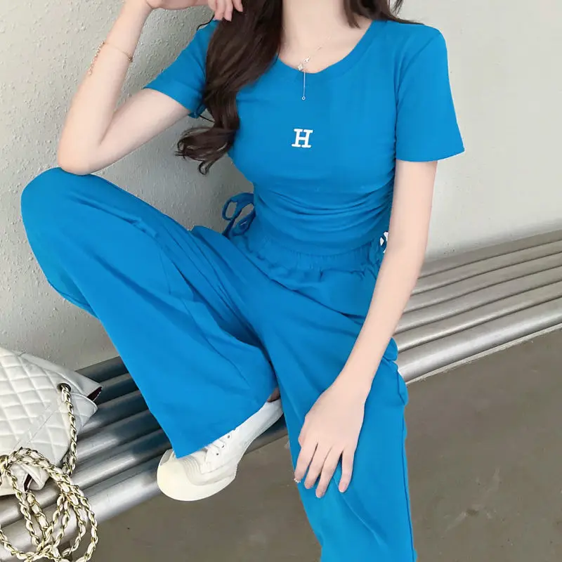 Sets Women Crop T-shirts Short Sleeve Letter Wide Leg Pants Fashion Chic Ulzzang Summer Thin Streetwear Harajuku Girls Casual