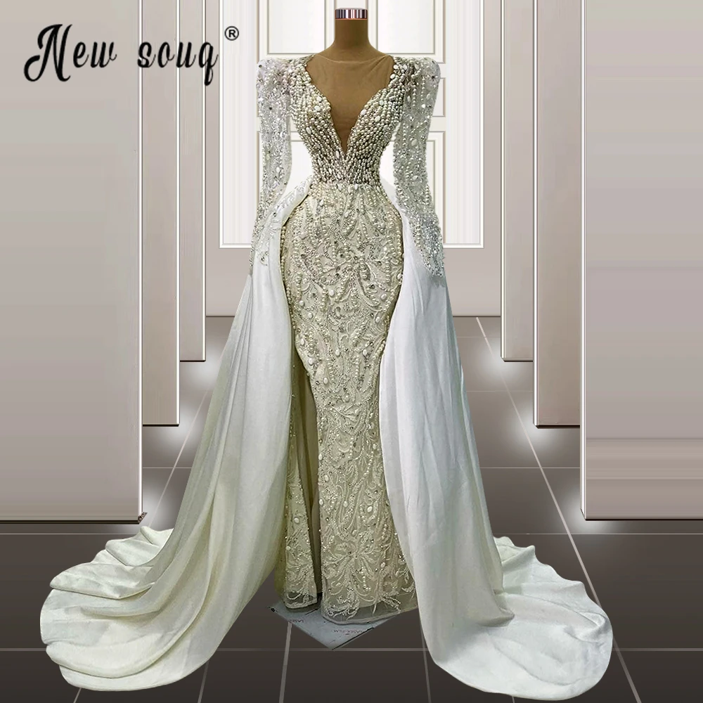 Dubai Luxo 2 em 1 Vestido De Noiva Com Manga Longa Do Cabo 2023 Pérola Rendas Beading Vestidos De Noiva Plus Size para Mulheres Custom Made