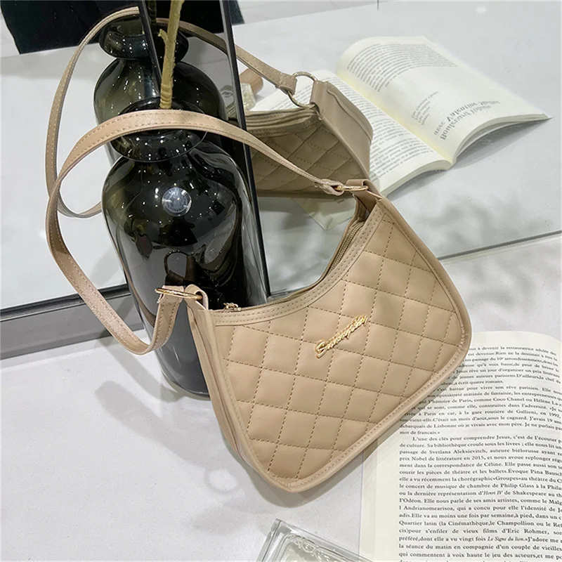 Women PU Leather Shoulder Bag Fashion Rhombic Embroidery Solid Color Casual Zipper Handbags