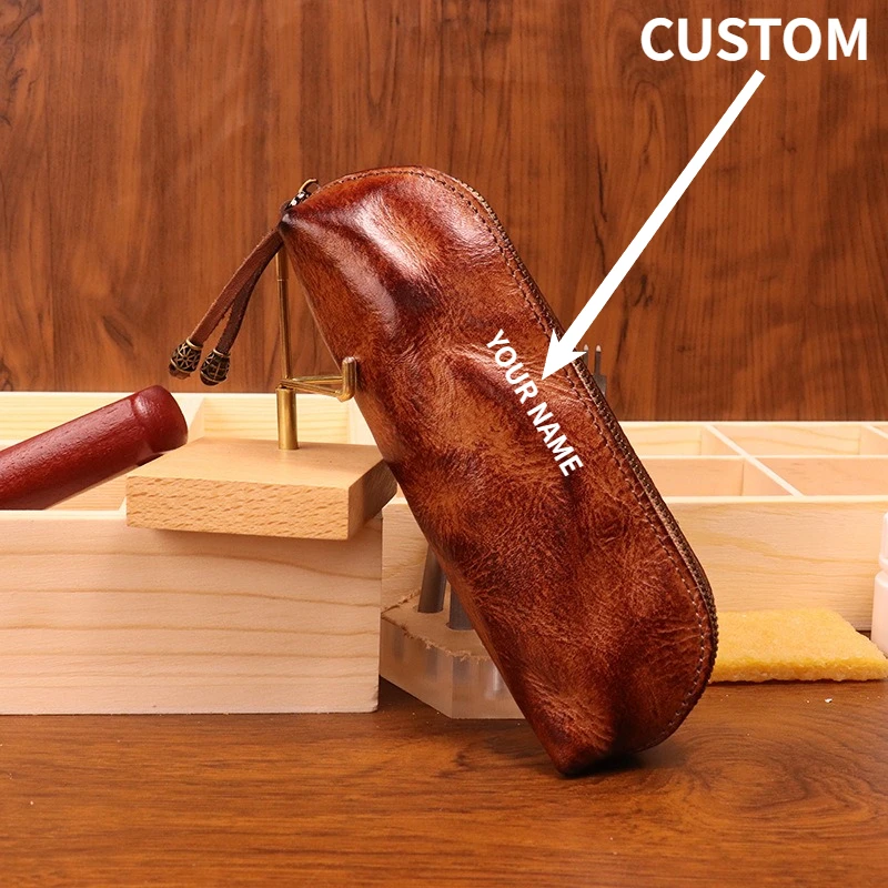 Genuine Leather Organizer Bag Men Vintage Full Grain Cowhide Pencil Case Eyeglass Pouch Handmade Patina Leather Storage Custom
