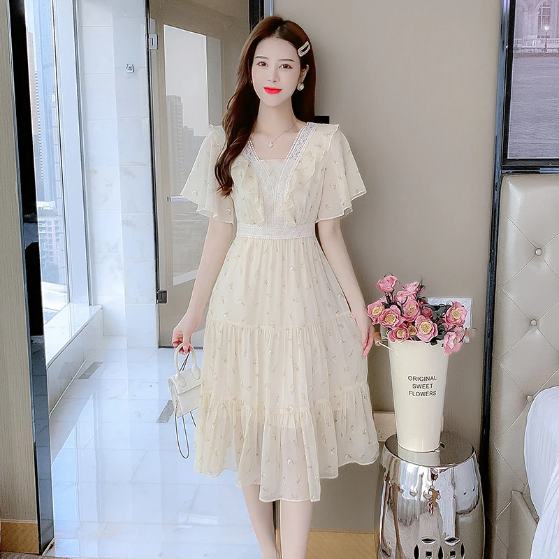 تنورة شيفون مطبوعة بالورود دكتور للسيدات لصيف 2024 بخصر عالٍ لقضاء العطلات على الشاطئ تنورة خرافية للتنقل Sle ort Sve بياقة مربعة #1