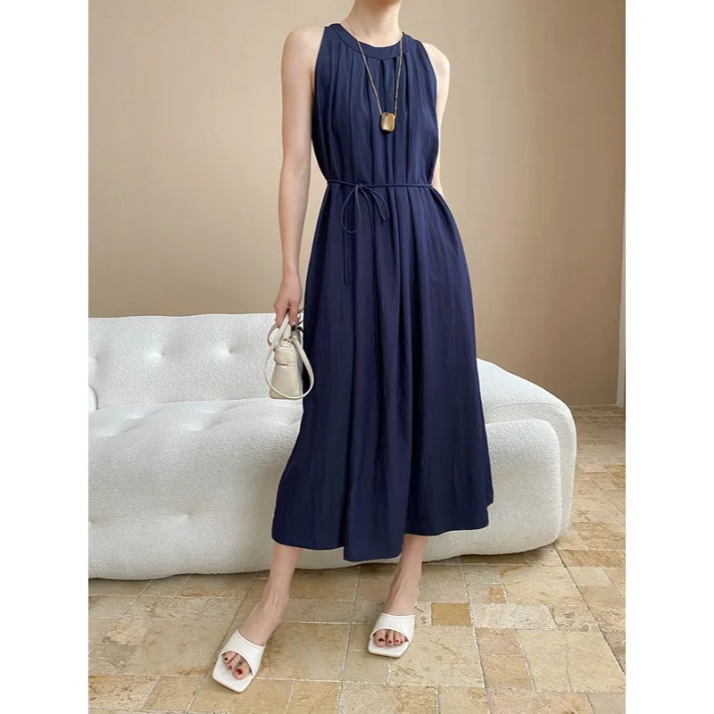 

Vacation Style French Simple Pleated Round Neck Tied A-line Dress Women Fashion Versatile Summer Sleeveless Blue Long Dress