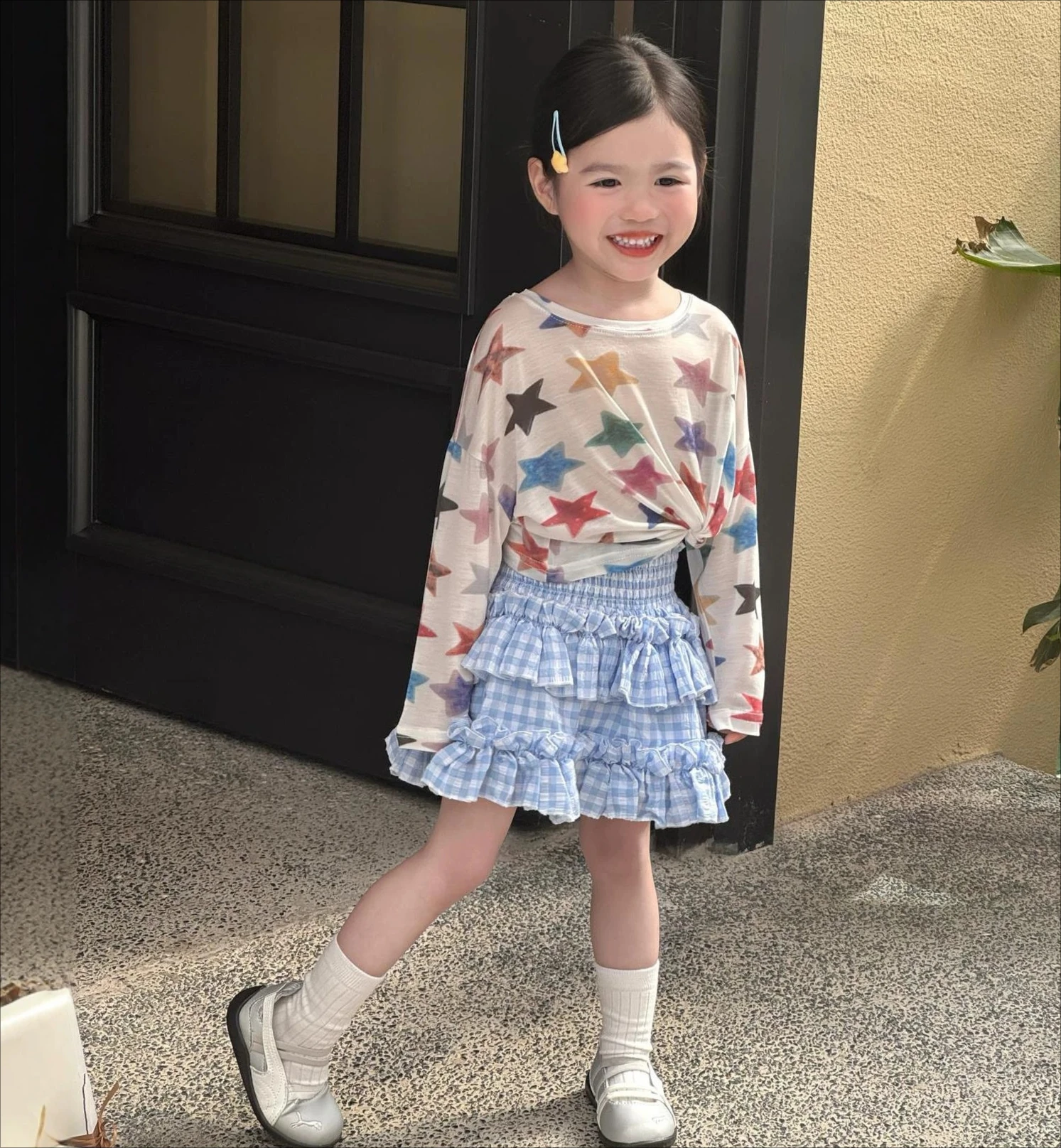 Girls Summer Dopamine Colored Star Outdoor Cover Shirt Loose Air-conditioned Clothing Lightweight T-shirt Blue Plaid Skirt Pants