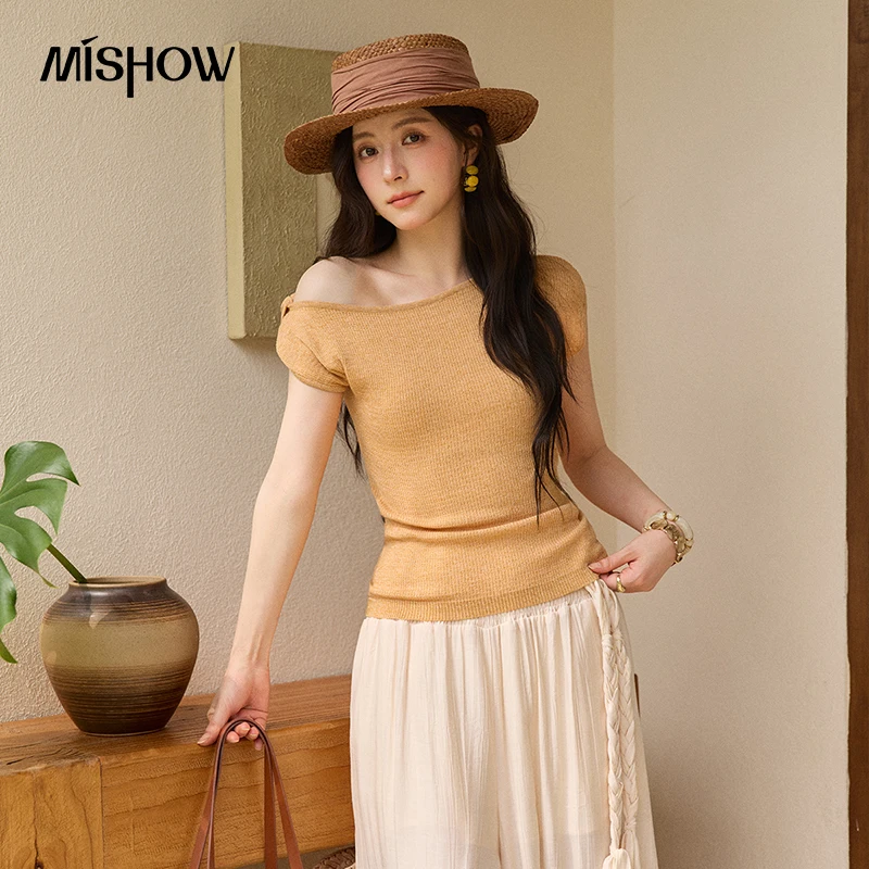 

MISHOW Minimally Slimming Knitted T-Shirt For Women 2026 New Summer Solid Color Irregular Twisted Shoulder Retro Top MXF27Z3130