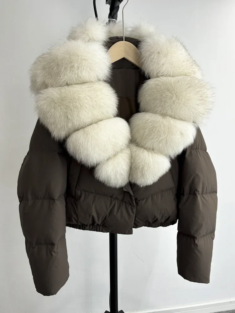 Janveny Big Natural Fox Fur Coat Women  Autumn Winter Female Parkas White Duck Down Jacket Feather Short Puffer Coat