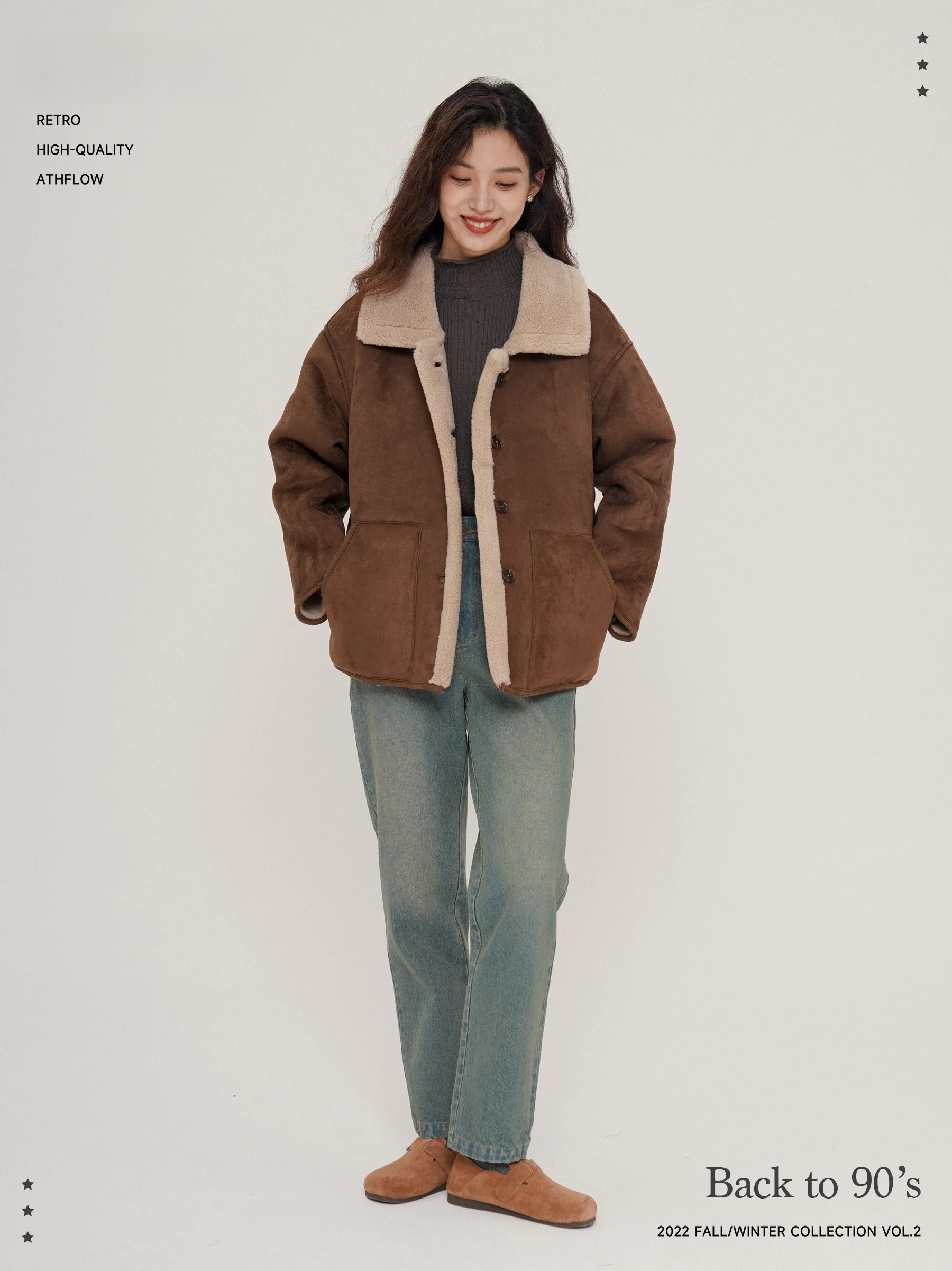 Botanique ブラウンベアスエードジャケットショート女性の秋冬厚みのある新  ポリエステルウールブレンドファッションアウター