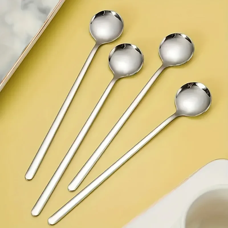 4er-Set Kaffeelöffel, silberne Teelöffel mit langen Griffen, Rührlöffel aus lebensmittelechtem Edelstahl