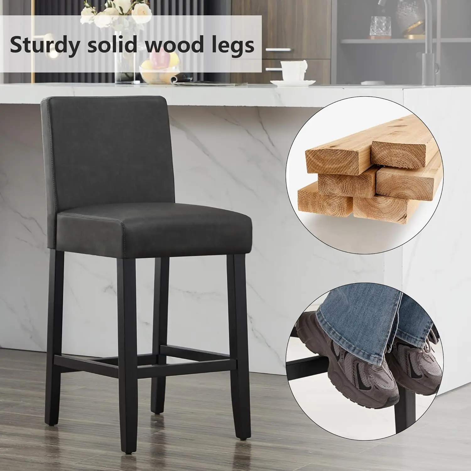 Conjunto de 3 Banquetas de Bar, Banquetas de Bar com Altura de 26'', Banquetas Modernas em Couro Sintético com Pernas e Encosto em Madeira Sólida, Personalizadas
