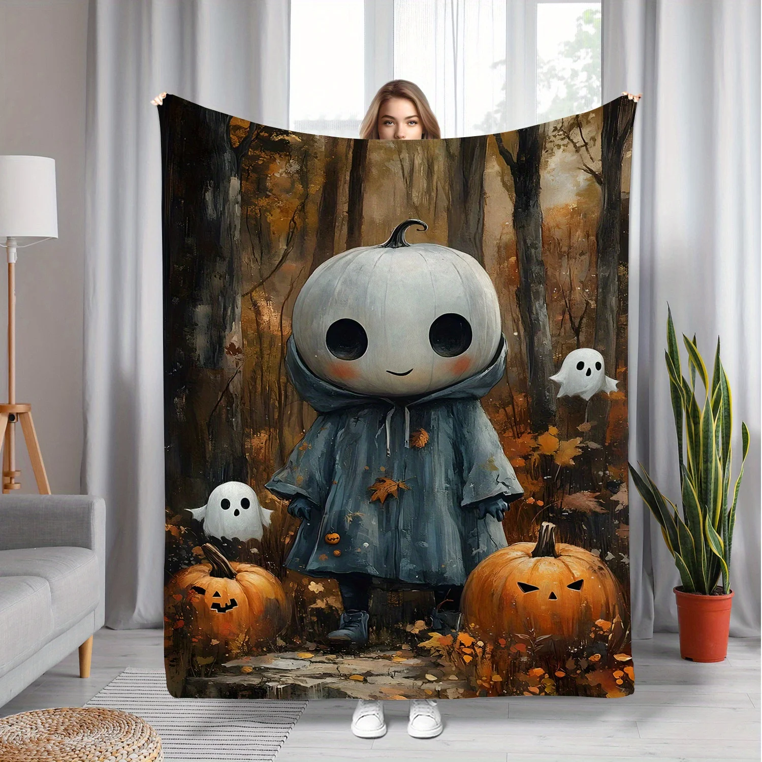Ultra-Soft Halloween Pumpkin & Print Blanket - Cozy, Lightweight, Machine Washable for Couch,, Office Naps | All-Season Polyeste