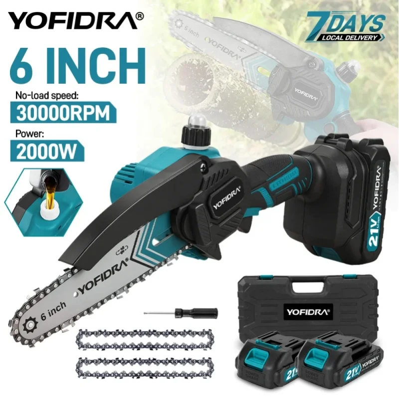 YOFIDRA 6 Zoll Elektrische Kettensäge Kabellos mit Ölsystem für Gartenholzschneiden, Holzfällen und Beschneiden, Elektrowerkzeug für Makita 21V Akku