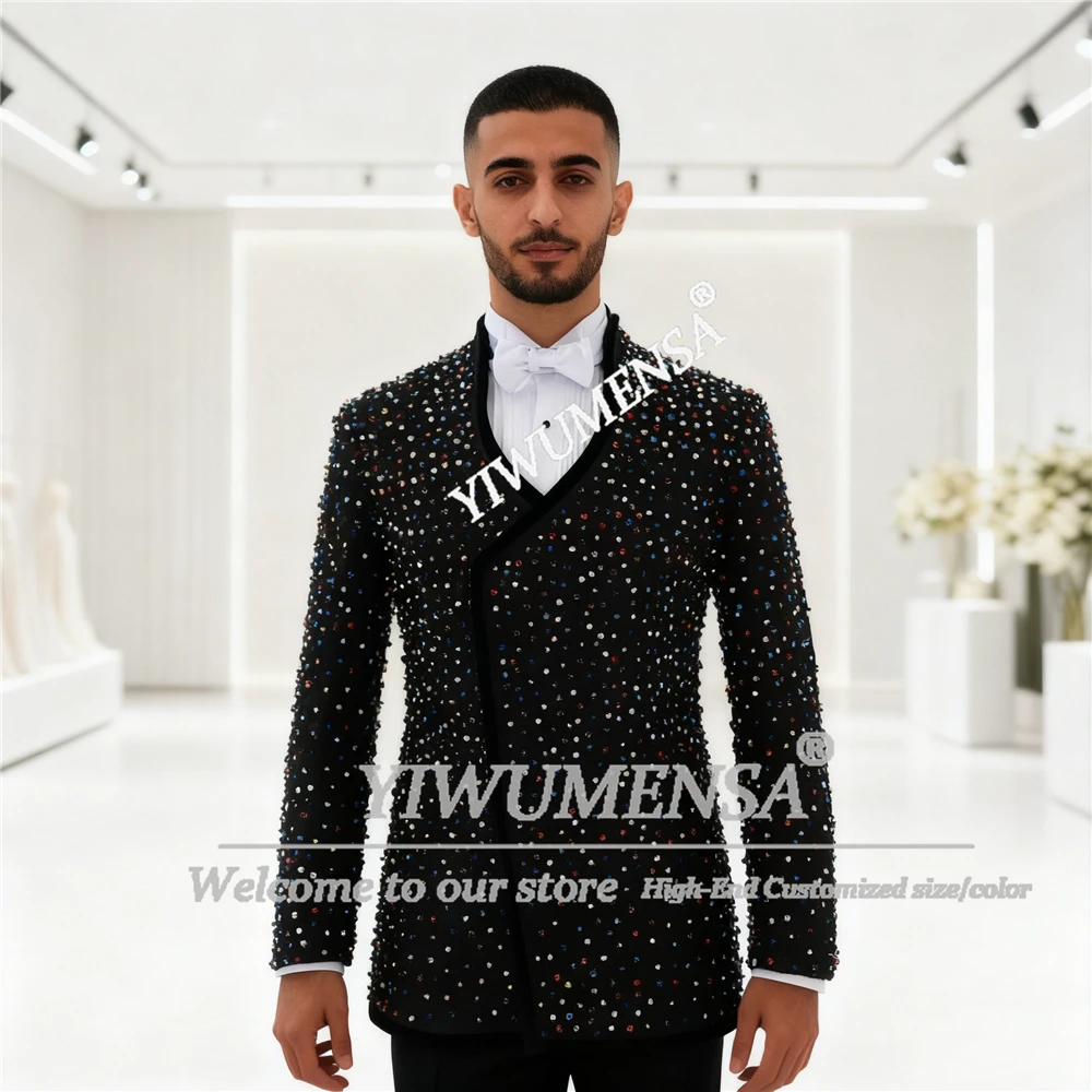 

Luxury Coloful Beaded Crystals Suits Men For Wedding Unique Design Jacket Pants 2 Pieces Groom Tuxedos Customized Ropa Hombre