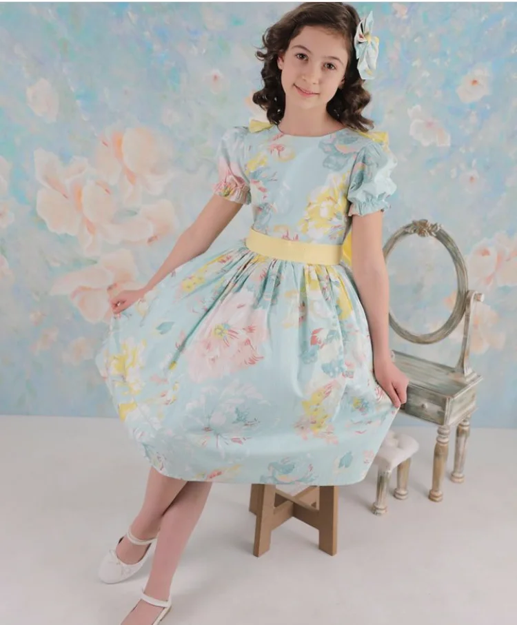 0-12Y Baby Girl Summer Rose Floral Blue Turkish Vintage Lolita Princess Ball Gown Dress for Birthday Holiday Casual Eid