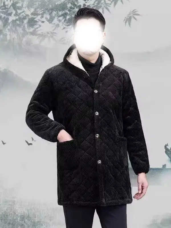 

Thiened Fce Tee-Layer Cotton Jaet Men's Dad Sle Home Clothes Warm Workwear Outerwear Long Sve Hooded Coat