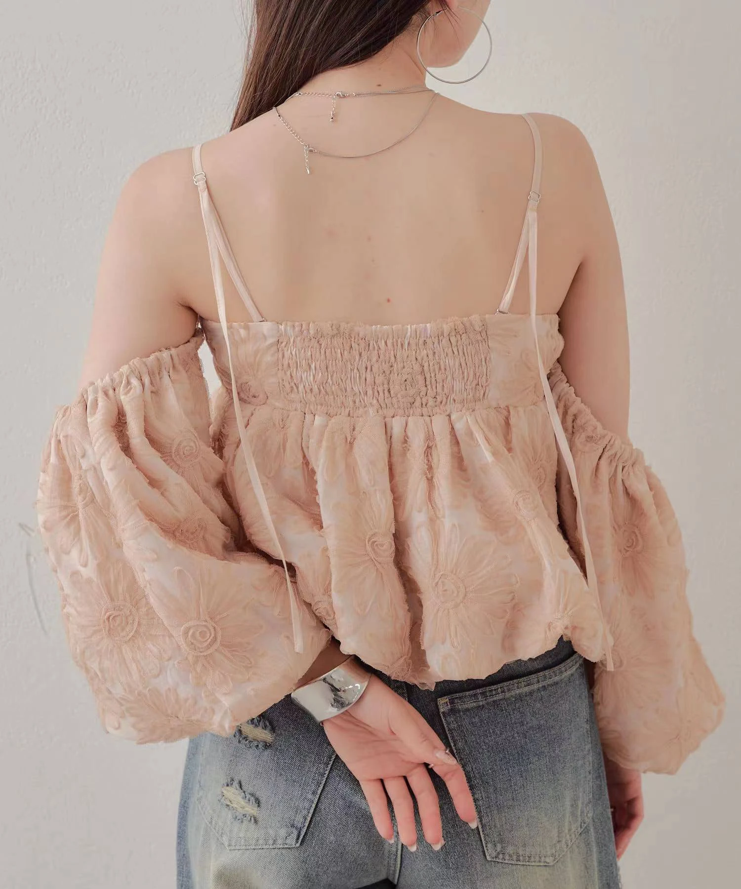 Japanese Elegant Commuter Mesh 3D Cut Flower Square Collar Off-shoulder Puff Sleeve Suspender Tops Short Blouse Shirt For Women