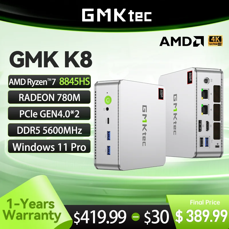 

Мини-ПК GMKtec GMK K8 AMD R7 8845HS NUCBOX Win11 Pro Radeon ™ 780M PCle GEN4.0*2 DDR5 5600 МГц Мини-компьютер ПК Игровой настольный компьютер