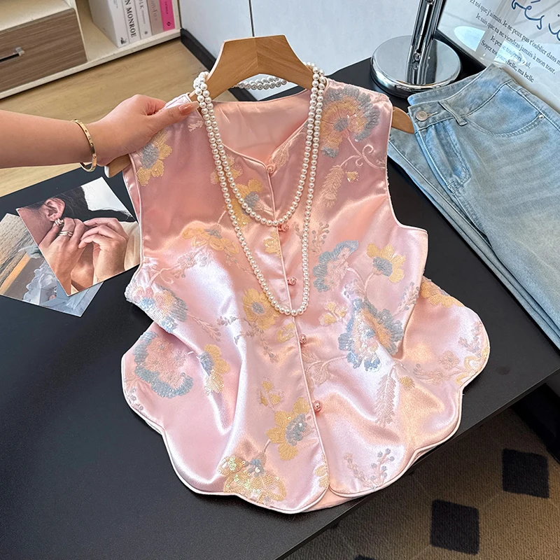 

New Chinese Style Retro Improved Heavy Satin Embroidery Arc National Style Women's Vest Collar Fashionable Top
