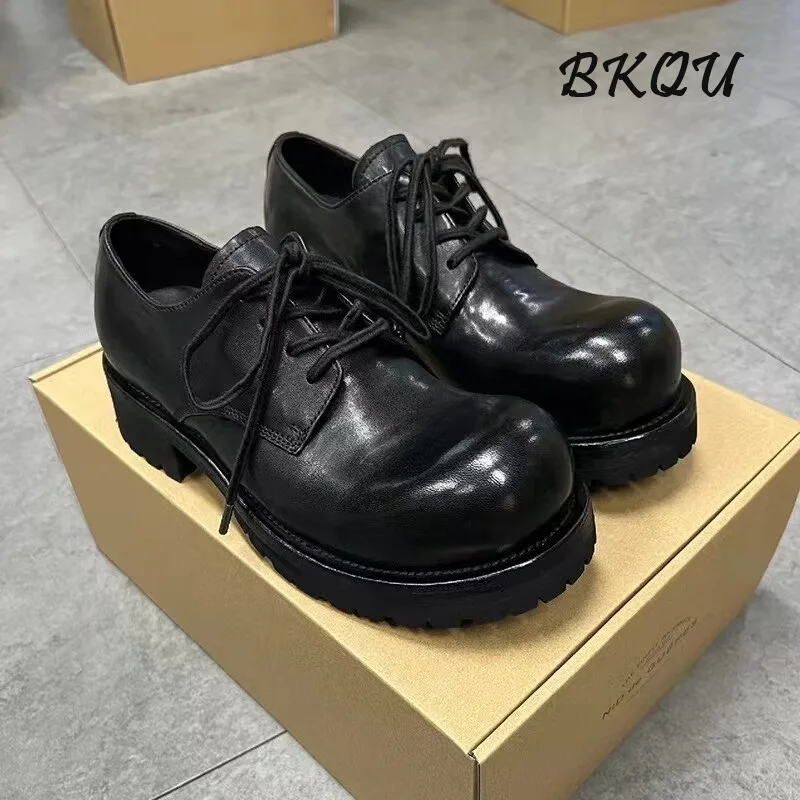 BKQU Derby Shoes Design Sense Big Head Men 2024 New Autumn Wash To Make Old Retro Leather Shoes Comfortable Waterproof