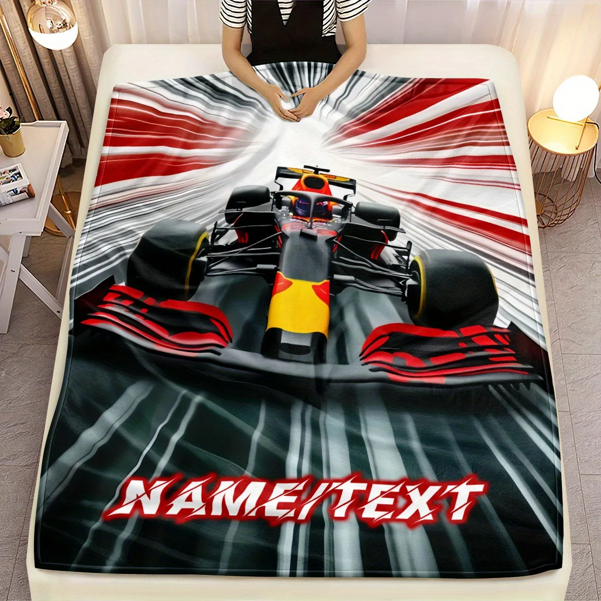Personalized Formula One racing flannel blanket soft, lightweight, warm, customizable name _ Text red and black design