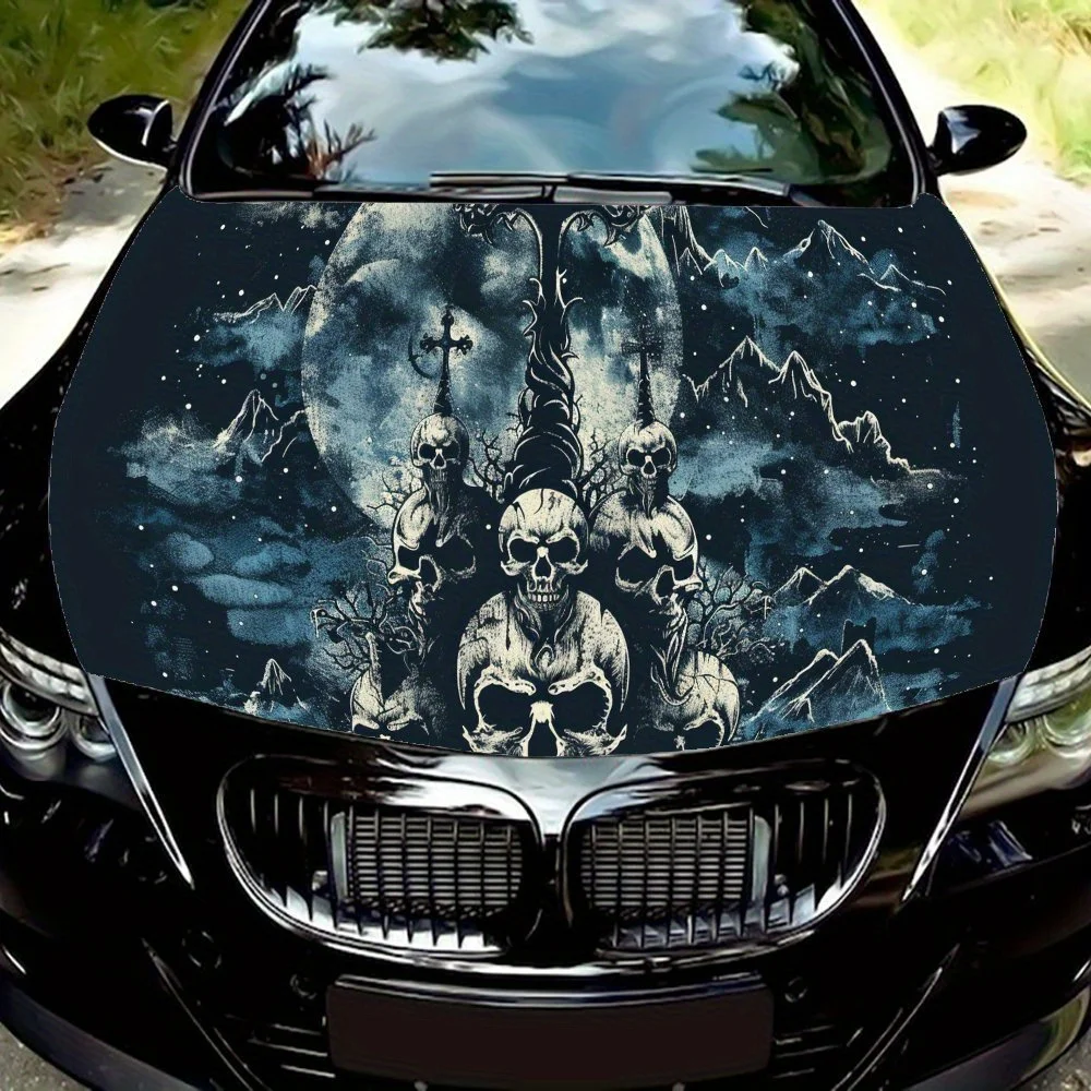 Menacing Skull Bold Design غطاء محرك السيارة الفينيل يلتف ملصق، ملحقات السيارات الشخصية، ملصق سيارة ذاتي اللصق مقاوم للماء،
