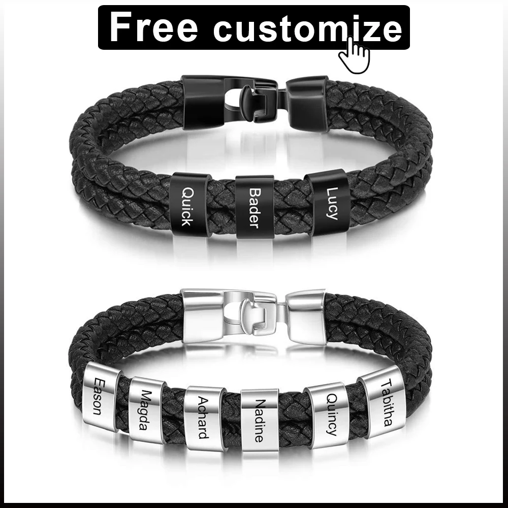 

Engraved 1-6 Family Names Stainless Steel Beads Bracelets for Men 21.5cm Leather Bangle Father's Day Jewelry Gifts for Dad