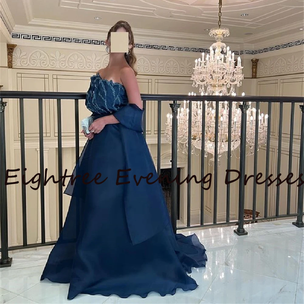 2022 azul marinho longo strapless lantejoulas vestidos de baile uma linha vestidos de noite dubai árabe festa vestido formal noite feito sob encomenda