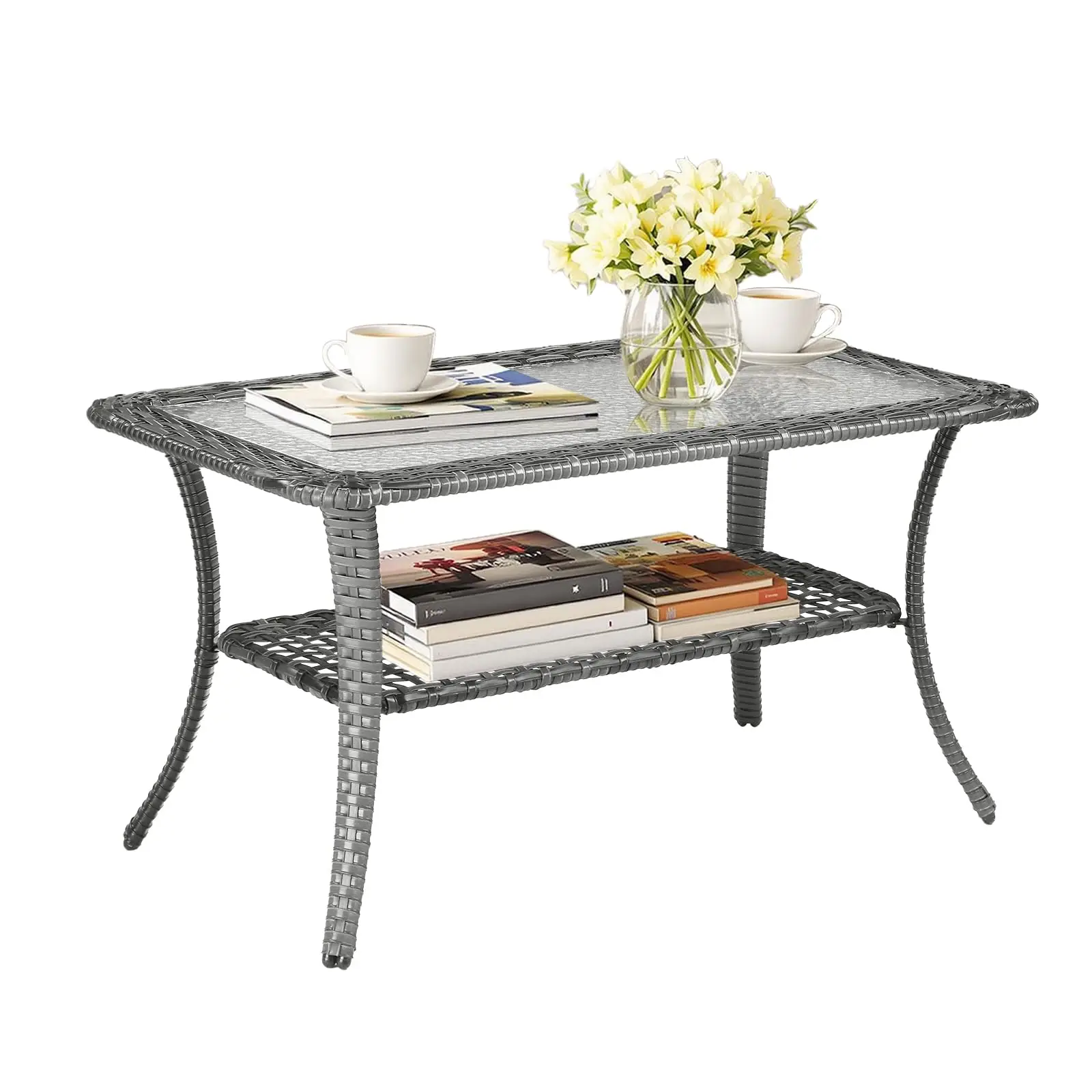Outdoor Coffee Table with Storage Wicker Patio Coffee Table, Tempered Glass Top Coffee Table for Patio Outside Balcony