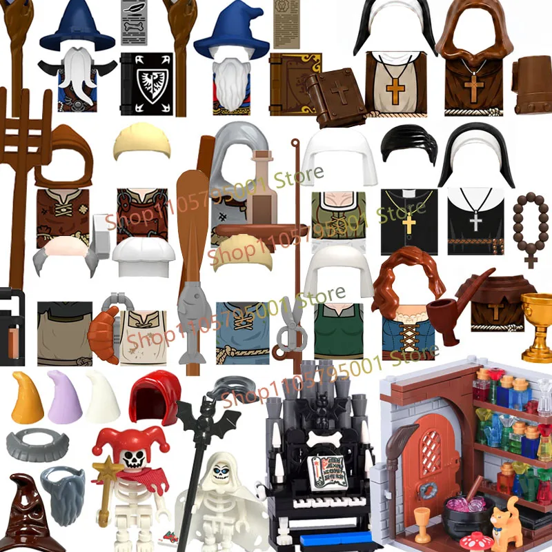 MOC Wizard Scene Accessories Building Blocks Magic Wand Hat Potion Bottle Vampire Throne Skeleton Mage Figure Brick Toy Gift F10
