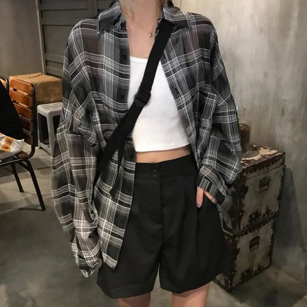 

Women Shirt Tops Lightweight Plaid Print Women's Shirt Loose Fit Long Sleeve Single-breasted Lapel Collar Summer Cardigan Thin