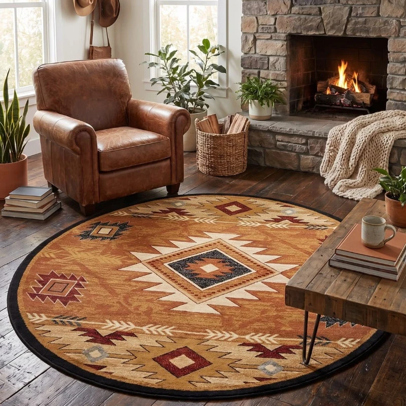 Round Aztec Rug Ivory Grey Base Teal Caramel Printed Circular Carpet Center Diamond Cross for Sofa Coffee Table Floor