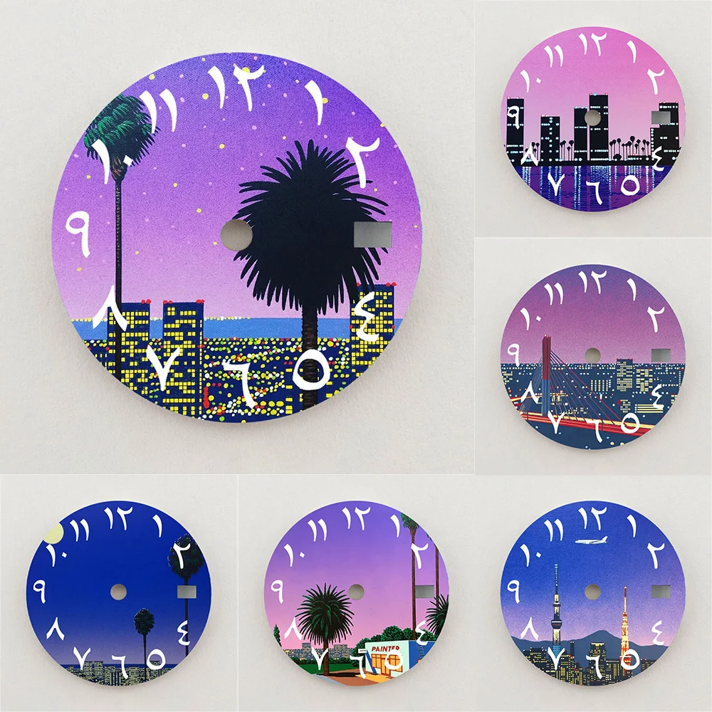 28.5mm Dial NH35 Dial Neon Sunset Landscape Cityscape Arabic Numeral Dial NH36 Dial Watch Accessories Fits NH35/NH36 Movements