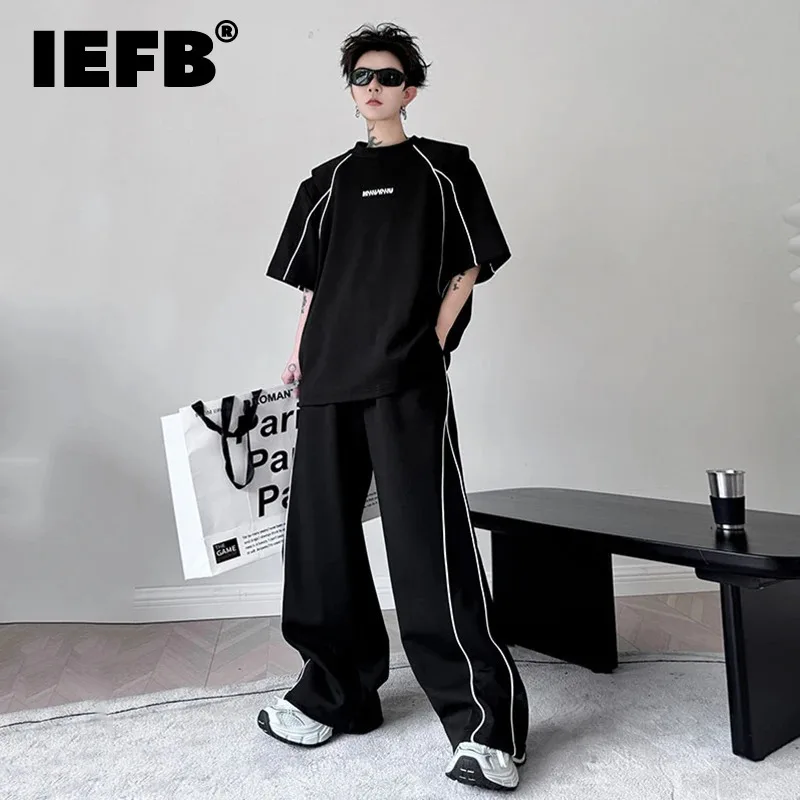 

IEFB 2024 Summer Streetwear Men Sets Different Color Edge Letter Short Sleeve T-shirt Casual Wide Leg Pants Men's Set 28W3295