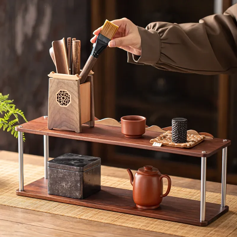 Chinese Style Walnut Wood Tea Set Display Stand Double Layer Kung Fu Teaware Storage Rack Household Ornament Shelf for Living