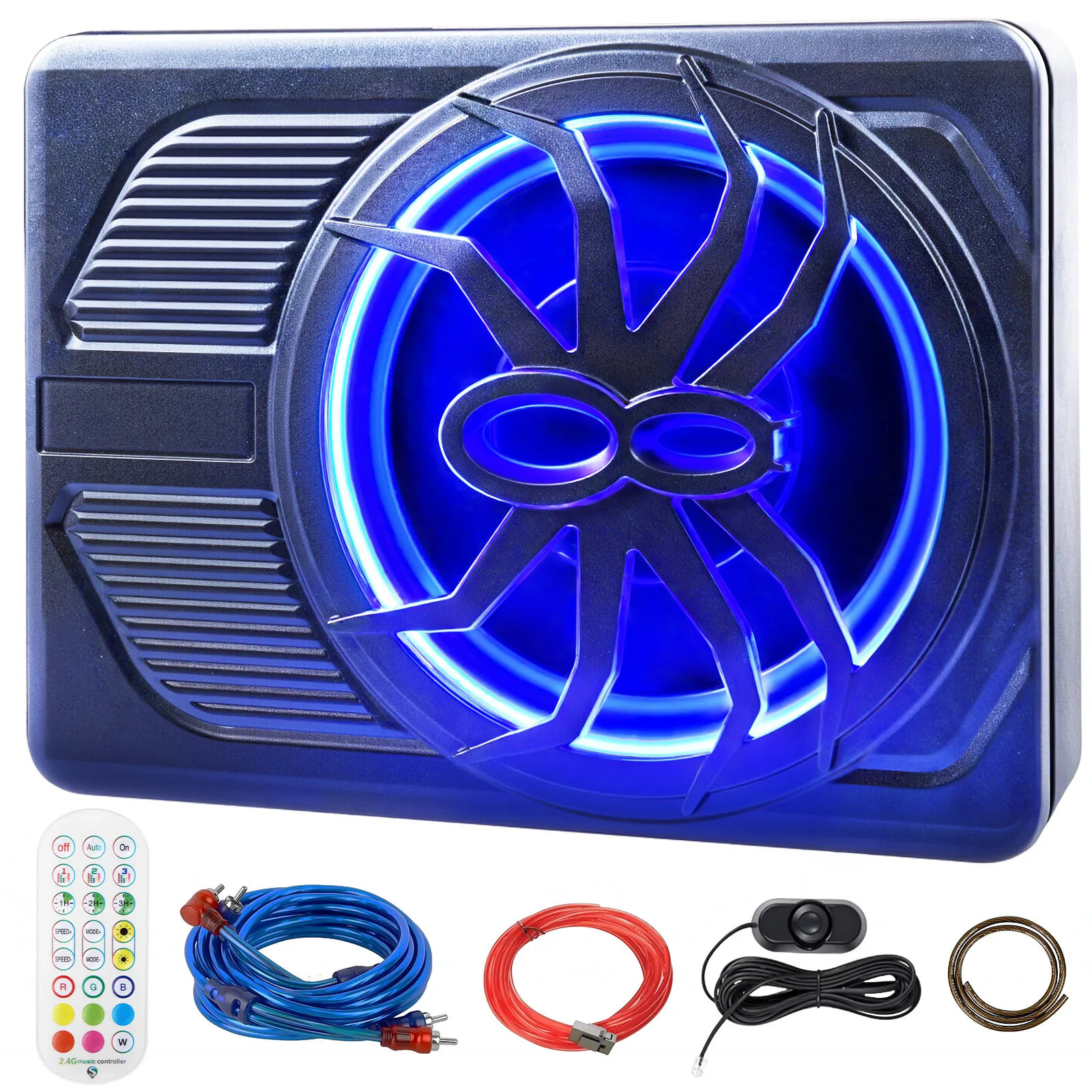 

Car Subwoofer Amplifier, 10inch Large-caliber 1200W Stereo Surround Sound Built-in Amplifier with Blue LED Ambient Light