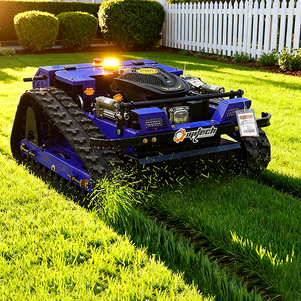 

Высокоэффективная сельскохозяйственная газонокосилка большого объема с дистанционным управлением и вездеходными резиновыми дорожками.